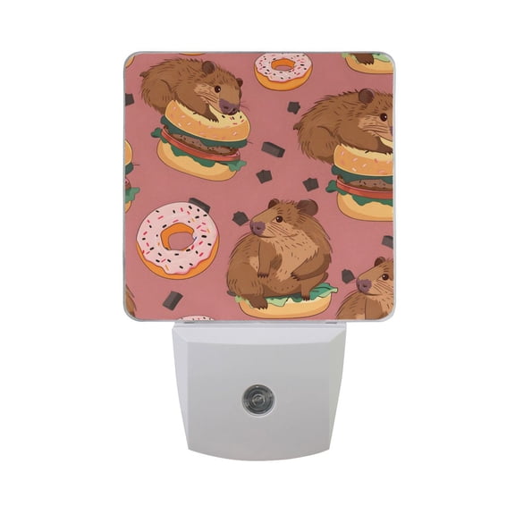 Cute Capybaras Donuts Hamburgers LED Night Light with Smart Sensor Plug Into Wall Dusk to Dawn 2 packs