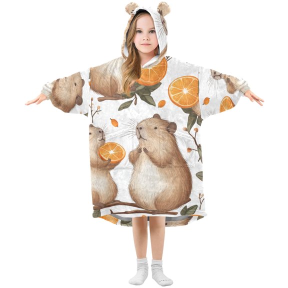 Cute Capybaras Holding Oranges on Branches Flannel Wearable Blankets Hooded Design Long Sleeves Wrap Unisex for 3T-14Y L