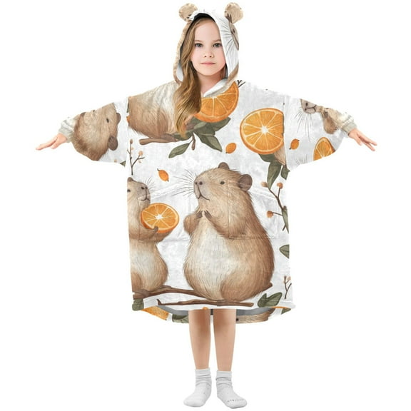 Cute Capybaras Holding Oranges on Branches Flannel Wearable Blankets Hooded Design Long Sleeves Wrap Unisex for 3T-14Y S