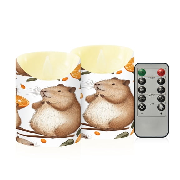 Cute Capybaras Holding Oranges on Branches Flickering Flameless Candles with Remote Timer Battery Operated LED Tealight Set of 2 M