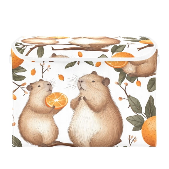 Cute Capybaras Holding Oranges on Branches Foldable Storage Bin with Lid and Handle Collapsible Storage Box 16.5 x 12.6 x 11.8 inches
