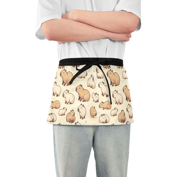Cute Capybaras Server Apron with 3 Pockets Waterproof Waitress Waist Short Apron for Man Woman 12 Inches