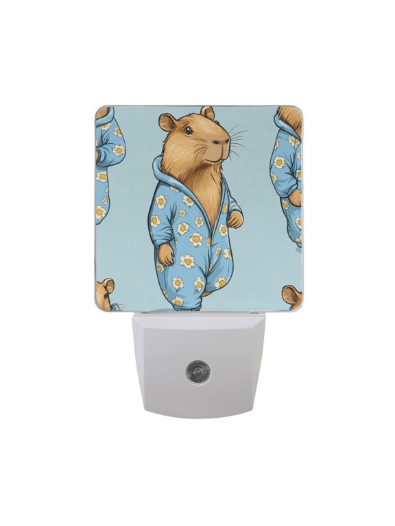 Cute Capybaras Wearing Pajamas LED Night Light with Smart Sensor Plug Into Wall Dusk to Dawn 2 packs