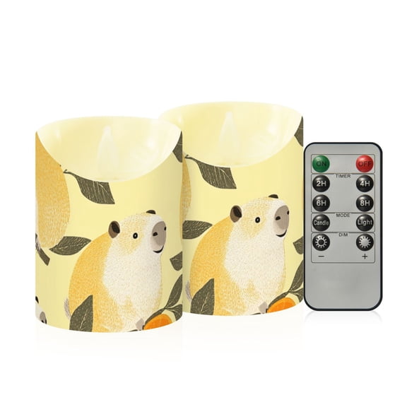 Cute Capybaras on Branches Oranges Flickering Flameless Candles with Remote Timer Battery Operated LED Tealight Set of 2 M