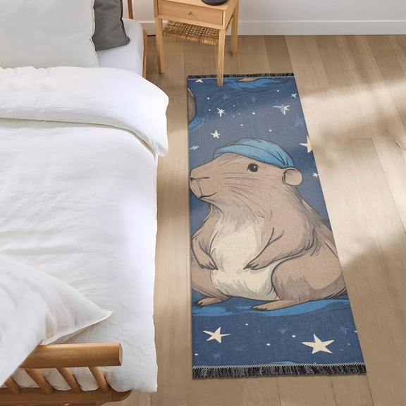 Cute Capybaras with Nightcap Stars Bedside Runner Rug 2'x 6' Non Slip Carpet Floor Mat Area Rug