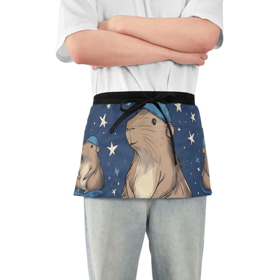 Cute Capybaras with Nightcap Stars Short Server Apron with 3 Pockets for Unisex Chef Gardening