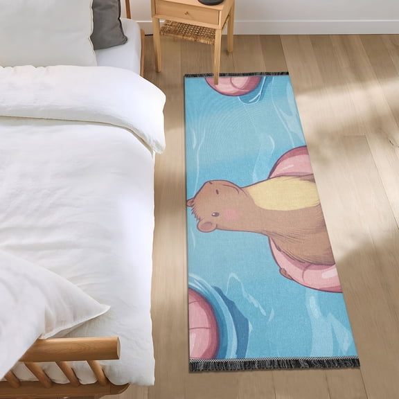 Cute Capybaras with Swimming Circles Bedside Runner Rug 2'x 6' Non Slip Carpet Floor Mat Area Rug