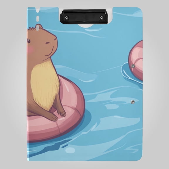 Cute Capybaras with Swimming Circles Foldable Binder Folder Clipboard with Pen Slot Double Clips A4 Size File Storage