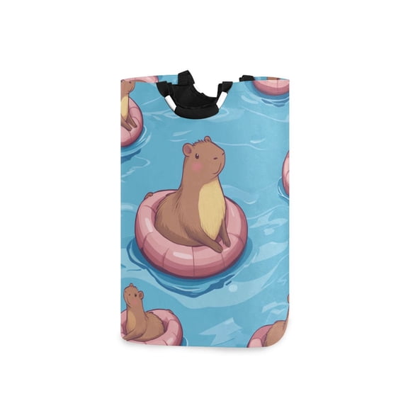 Cute Capybaras with Swimming Circles Laundry Basket with Handles Foldable Laundry Hamper Freestanding Washing Bin 50L