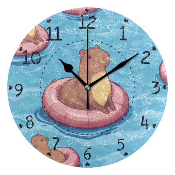 Cute Capybaras with Swimming Circles Round Wall Clock Silent Analog Battery Operated Black Pointer Home Decor 9.84" Diameter
