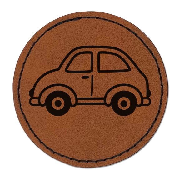 Cute Car 2.5" Faux Leather Round Engraved Iron-On Patch - Brown