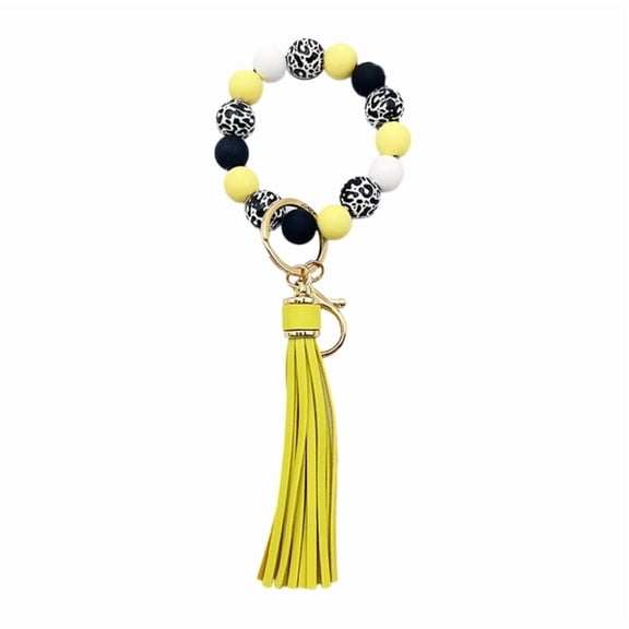 Cute Car Key Chain Holder Stylish Wood Bead Keyring Bracelet Wristlet with Cute PU Tassels Beaded Keychain for Women