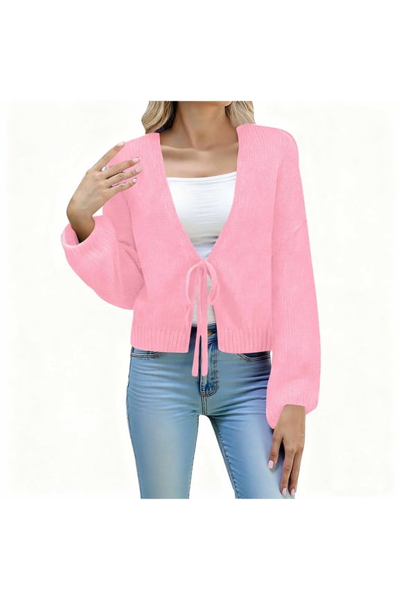 Cute Cardigan Sweaters for Women Tie Front Bow Long Sleeve Casual V Neck Coats Trendy Fall Loose Soft Jacket New Cardigan Sweaters for Women Plus Size Pinky S