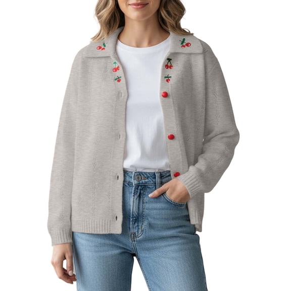 Cute Cardigans Women Casual Loose Fit Embroidered Cherry Sweater Long Sleeve Versatile Top Knitwear Light Weight Cardigan