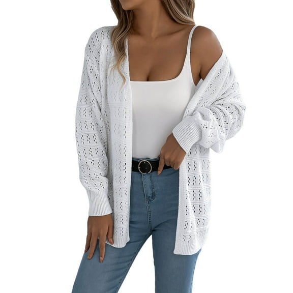 Cute Cardigans Women Long Sleeve Open Front Solid Color Hollow Out Knit Sweater Casual Boho Loose Fit Mid Length Outerwear Coats
