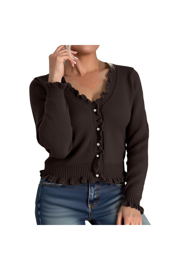 Cute Cardigans Women Long Sleeve Ribbed Knit Sweater Solid Color Fringe Edge Casual Open Front Soft Yarn Lightweight Cardigans