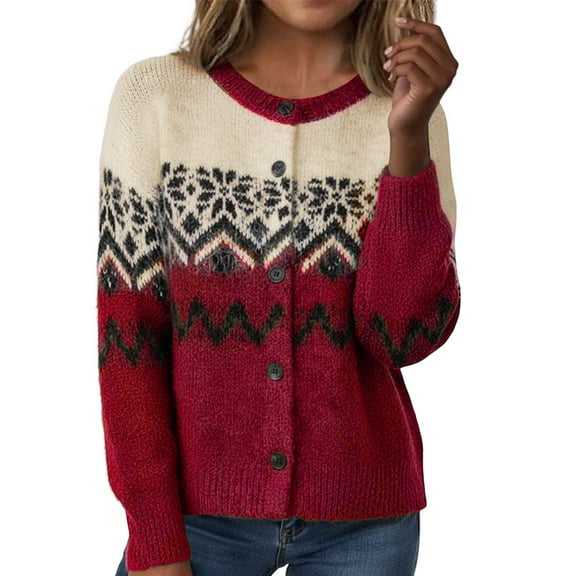 Cute Cardigans Women Snowflake Jacquard Knit Autumn Warm Yarn Sweater Work Cardians