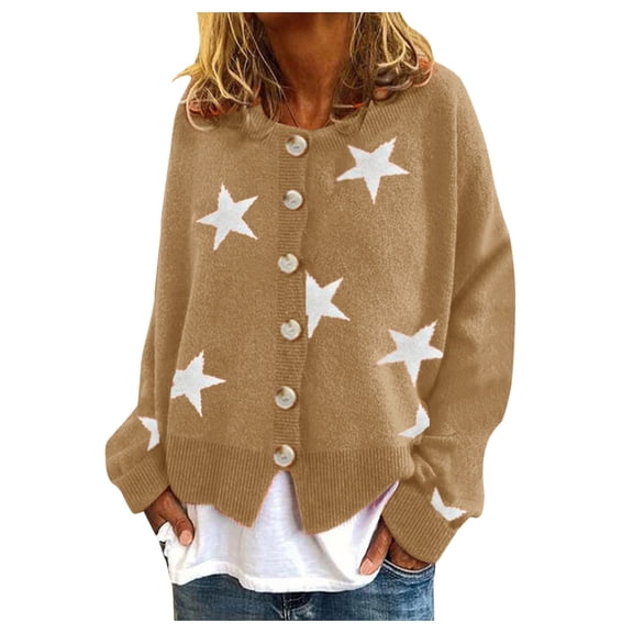 Cute Cardigans Women Warm Fashion Sweater Star Printing Long Sleeve O-Neck Sweater Cropped Button Sweater Top Work Cardians
