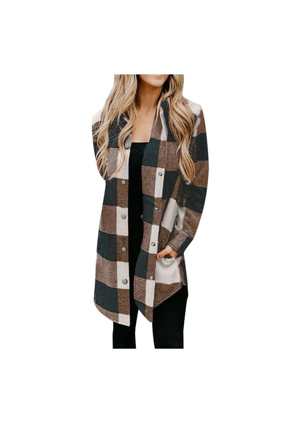 Cute Cardigans Women ‘s Classic Plaid Print Snaps Mid-Length Long Sleeve Button Open Front Outerwear Coats