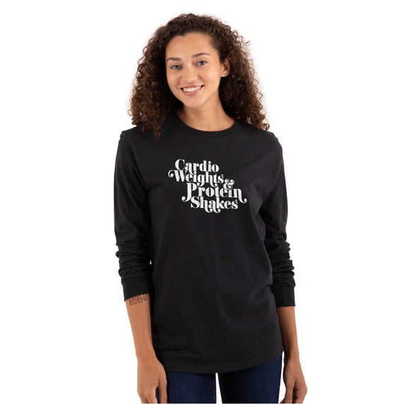 Cute Cardio Weights Protein Shakes Women Plus Size Long Sleeve Graphic Tee Brisco Brands 2X