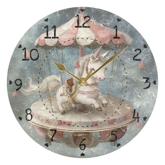 Cute Carousel Round Wall Clock Silent Analog Battery Operated Gold Pointer Home Decor 9.84" Diameter