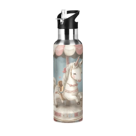 Cute Carousel Sports Bottle with Straw Stainless Steel Water Jug Portable Thermal Cup Leak-proof 600ML