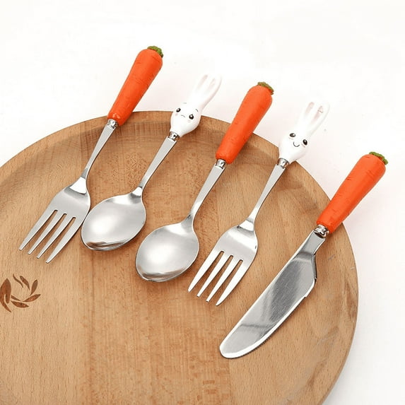 Cute Carrot Handle Knife and Fork Tableware Creative Children Spoon Rabbit Fruit Fork Eating Scoop and Spoon(5pc)