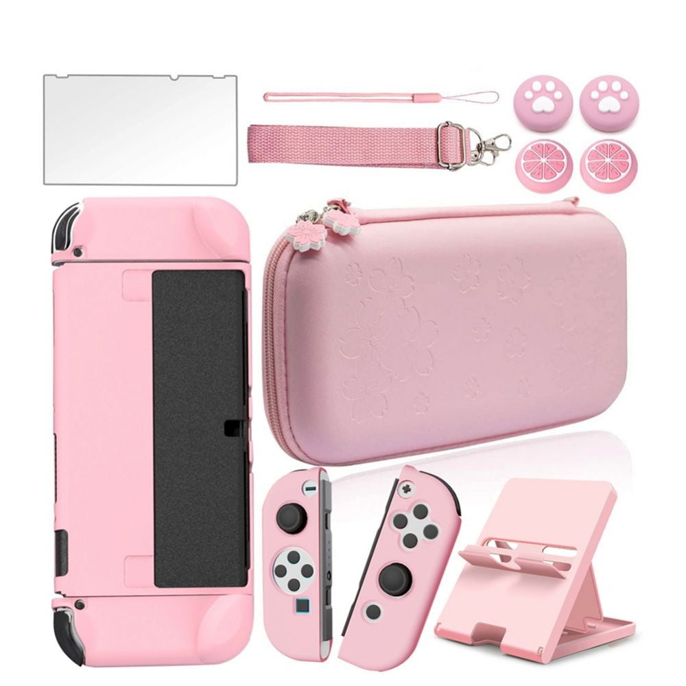 Cute Carrying Case for Nintendo Switch Switch OLED Pink Sakura Portable Hard Shell Grils Travel Storage Bag with Glass Screen Protector Thumb Grip