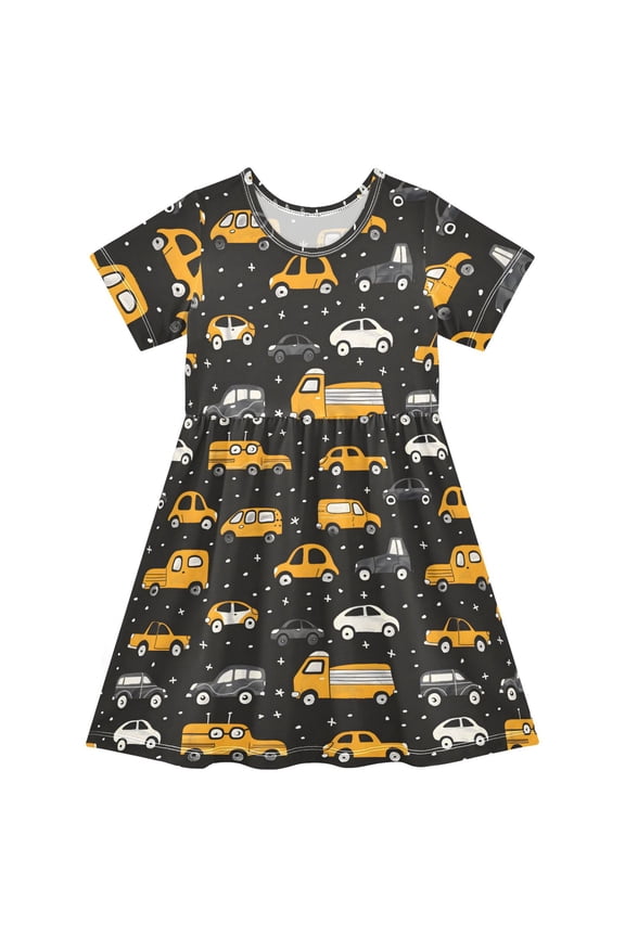 Cute Cars Short Sleeve Dress A-Line Cute Midi Casual Sundress 2-8 Years