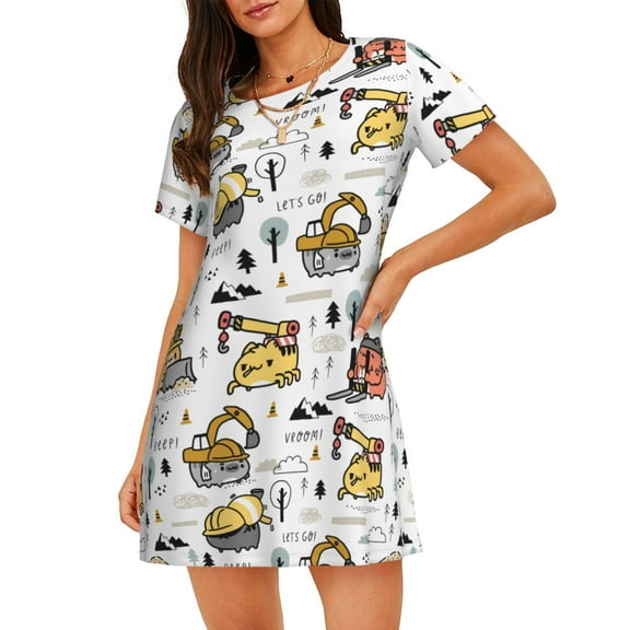 Cute Cars Truck Concrete Machine Cargo Crane Bulldozer Excavator Boho Women'S Nightgown Sleepwear Short Sleeves Nightshirt Loose Comfy Pajama Medium