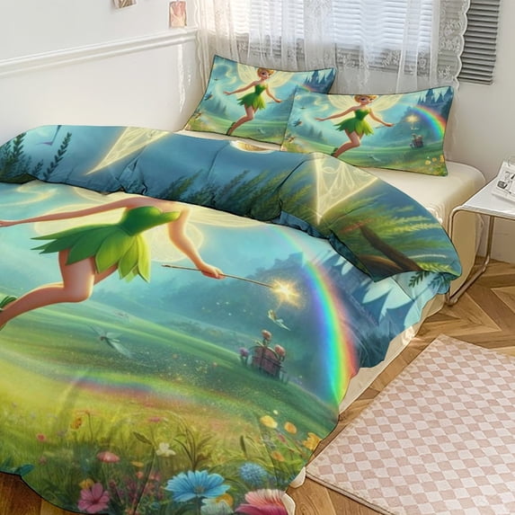 Cute Cartoom Anime Tinkerbell Bedding Sets Girls Boys Teens Comforter Sets With 2 Pillowcases, 3 Piece Soft Bedding Set Twin