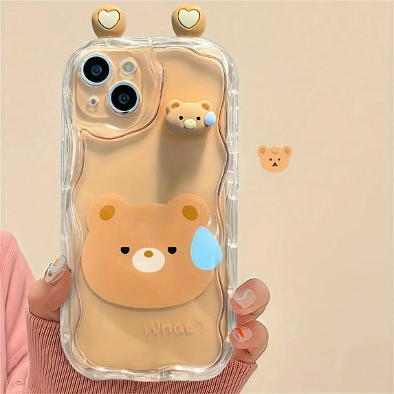 Cute Cartoon 3D Transparent Pink Rabbit Green Frog Brown Bear Wavy Border Phone Case for IPhone 15 14 13 12 11 ProMax Soft Cover (Brown bear,iPhoneXR)