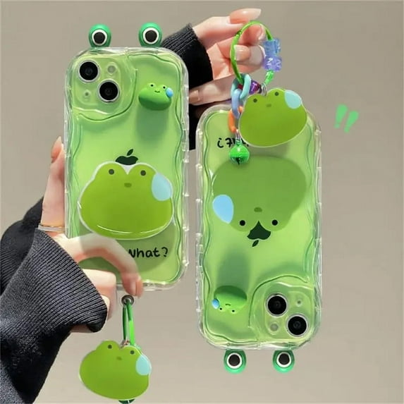 Cute Cartoon 3D Transparent Pink Rabbit Green Frog Brown Bear Wavy Border Phone Case for IPhone 15 14 13 12 11 ProMax Soft Cover (NYDIY009,iPhoneX)