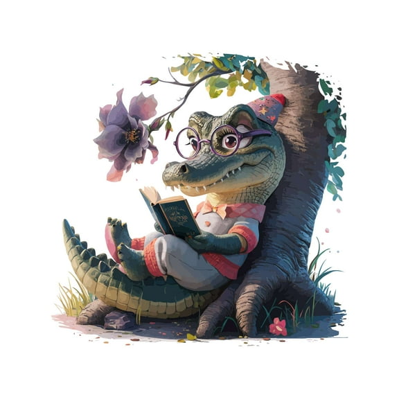 Cute Cartoon Alligator reading Book Animal Wall Art Sticker Designs Vinyl Stickers For Home House Walls Rooms Windows Bedroom Decoration Size (26x26 inch)