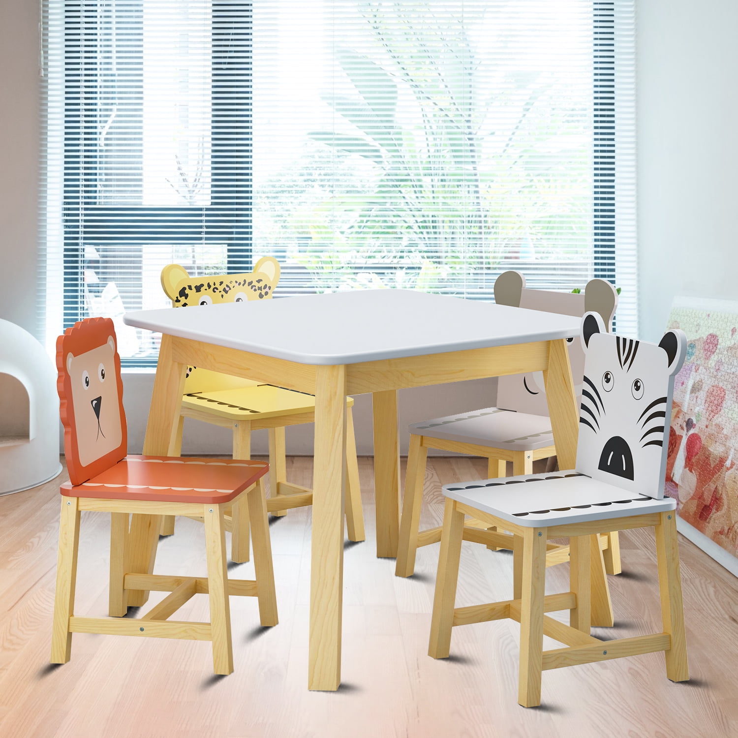Cute Cartoon Animal 5 Piece Children's Wooden Table Set with A Table and Four Chairs for Three