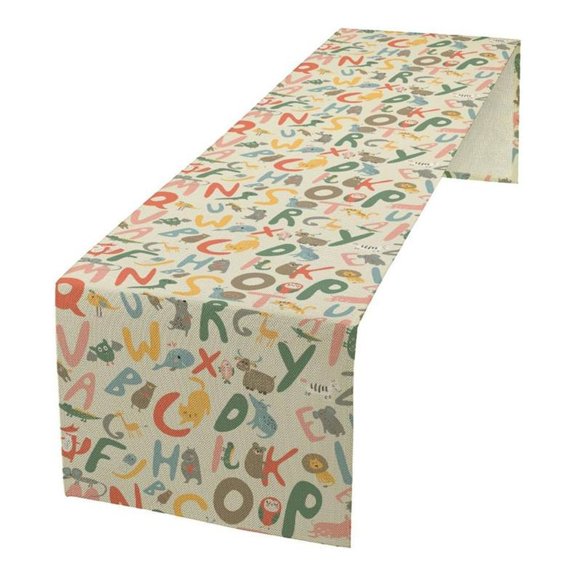 Cute Cartoon Animal ABC Alphabet Printed Table Runner, Colorful Washable Fabric Table Linen for Kids Birthday Party, Nursery & Family Kitchen Dining Table Decor