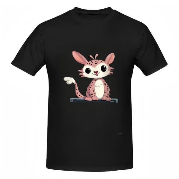Cute Cartoon Animal Cotton Short Sleeve T-Shirt - Pink Face with Black Spots Large Eyes Smiling Design Perfect for Casual Wear