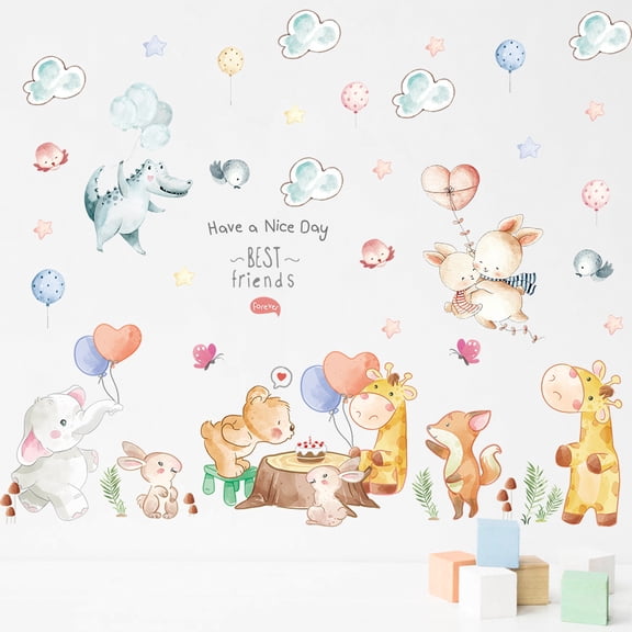Cute Cartoon Animal Eating Cake Wall Decals for Kids Room, Nursery & Party Decor - Self-Adhesive