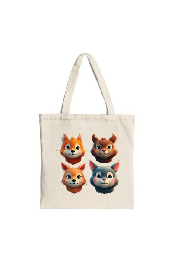 Cute Cartoon Animal Faces Tote Bag - 2x2 with Orange Foxes Brown Squirrel & Blue Cat - Perfect for Shopping Travel & Parties