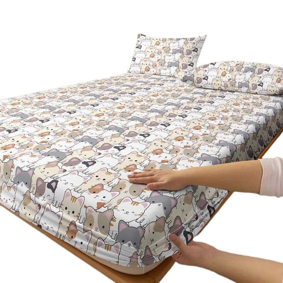 Cute Cartoon Animal Kitten Print Fitted Sheet - Soft Brushed Fabric for Cozy Bedroom Decor