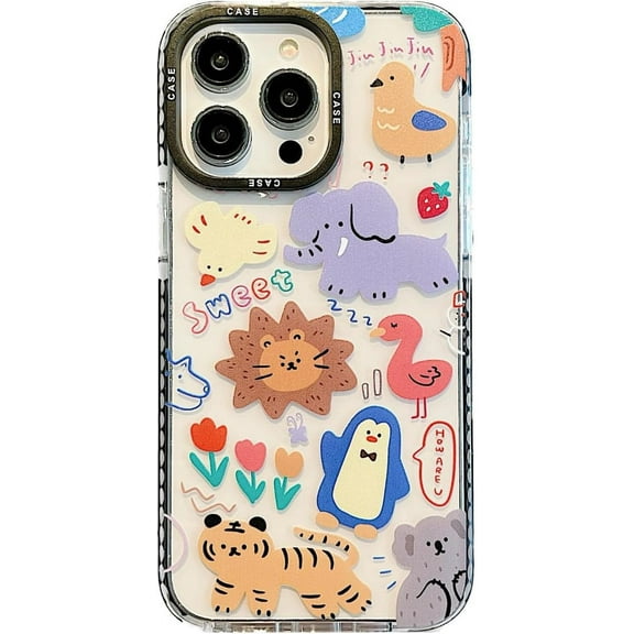 Cute Cartoon Animal Lion Tiger Penguin Elephant Flamingo Strawberry Flowers Clear Phone Case Compatible with iPhone Case for Women Girls (Clear,iPhone 15 Pro)
