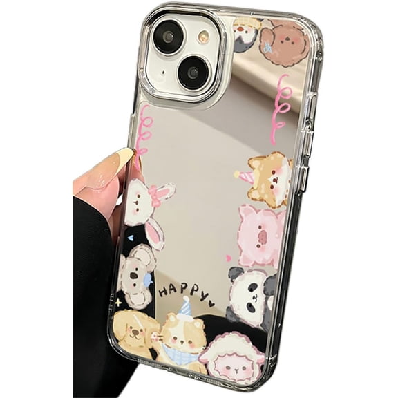 Cute Cartoon Animal Panda Rabbit Dog Pig Plating Mirror Phone Case Compatible with iPhone Case (Silver,iPhone 13)
