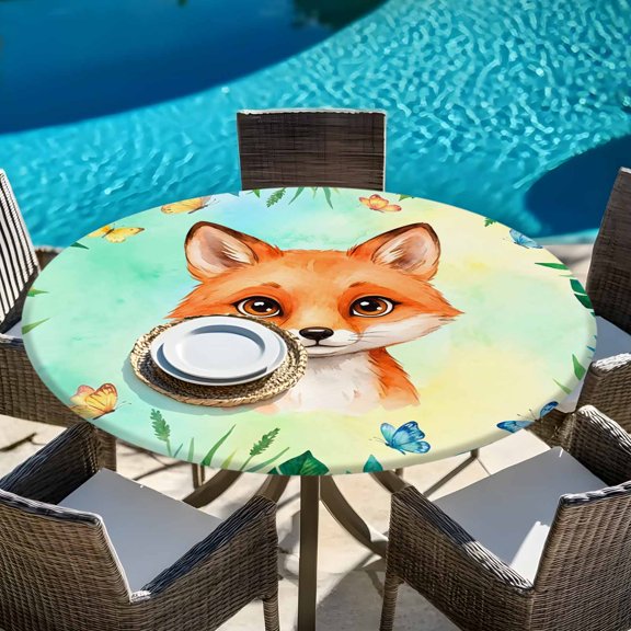 Cute Cartoon Animal Print Small Foxes Round Fitted Tablecloth with Elastic Edge,Waterproof Table Cloth Fits Tables Up to 45"-54",Wipeable Table Cover for Indoor Outdoor Dinning,Tropical Plants Leaves