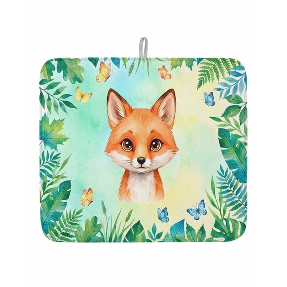 Cute Cartoon Animal Small Foxes Dish Drying Mats for Kitchen Counter,Absorbent Microfiber Dish Drainer Rack Mat Tropical Plants Leaves Drying Pad for Sinks,Utensils,Countertops,16x18in
