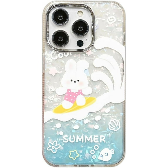 Cute Cartoon Animal Surf Rabbit Bunny Dolphin Fish Shell Iridescent Marbling Phone Case Compatible with iPhone Case (Bunny,iPhone 14 Plus)