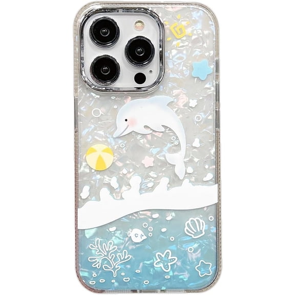Cute Cartoon Animal Surf Rabbit Bunny Dolphin Fish Shell Iridescent Marbling Phone Case Compatible with iPhone Case (Dolphin,iPhone 14 Pro)