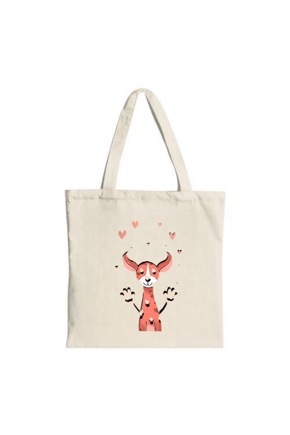 Cute Cartoon Animal Tote Bag - Red & White Dog Goat with Big Ears & Smiling Face Surrounded by Pink Hearts Perfect for Shopping & Travel