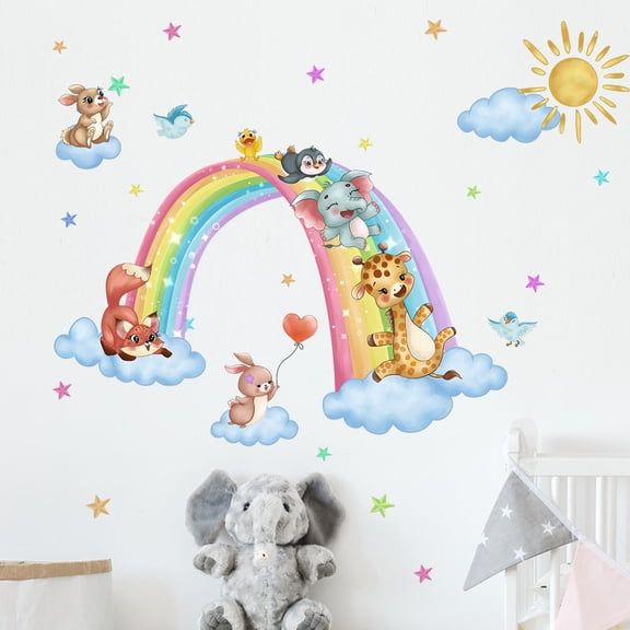 Cute Cartoon Animal Wall Decals with Rainbow & Stars for Kids Room, Nursery Decor - Self-Adhesive & Removable Cloud Design