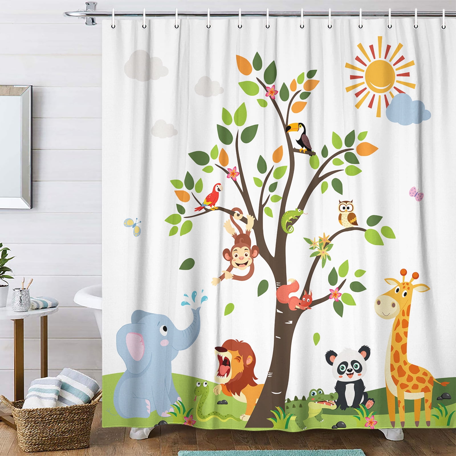 Boho Tropical Animal Shower Curtain For Kids | Giraffe, Crocodile, Hippo, Zebra Design | Waterproof 60x72 Inch