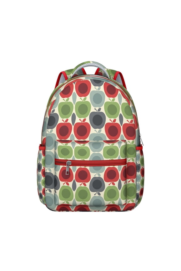 Cute Cartoon Apple Print Waterproof School Backpack - Ergonomic Student Bookbag with Padded Straps, Lightweight Durable Daypack for Teens, College Students & Commuters, Red Green Classic Fruit Design
